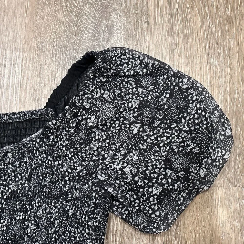 Anthropologie Smocked Top Black White Floral Mesh Puff Sleeve Boho Coquette L
